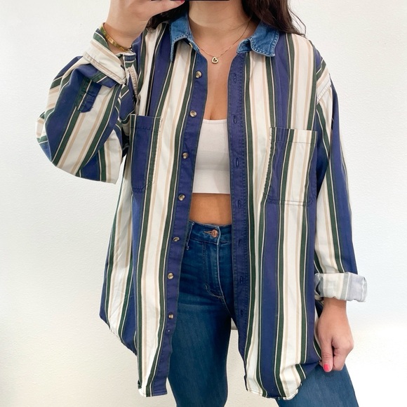Cabin Creek Tops - Vintage blue, green, and white tan striped button down shirt